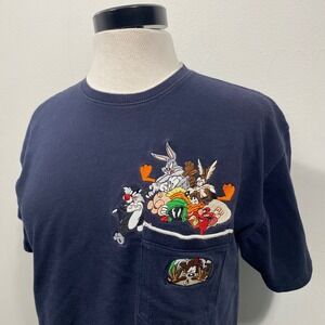 Warner Bros Looney Tunes Embroidered Pocket T-Shirt Navy Blue Small Vintage 1999